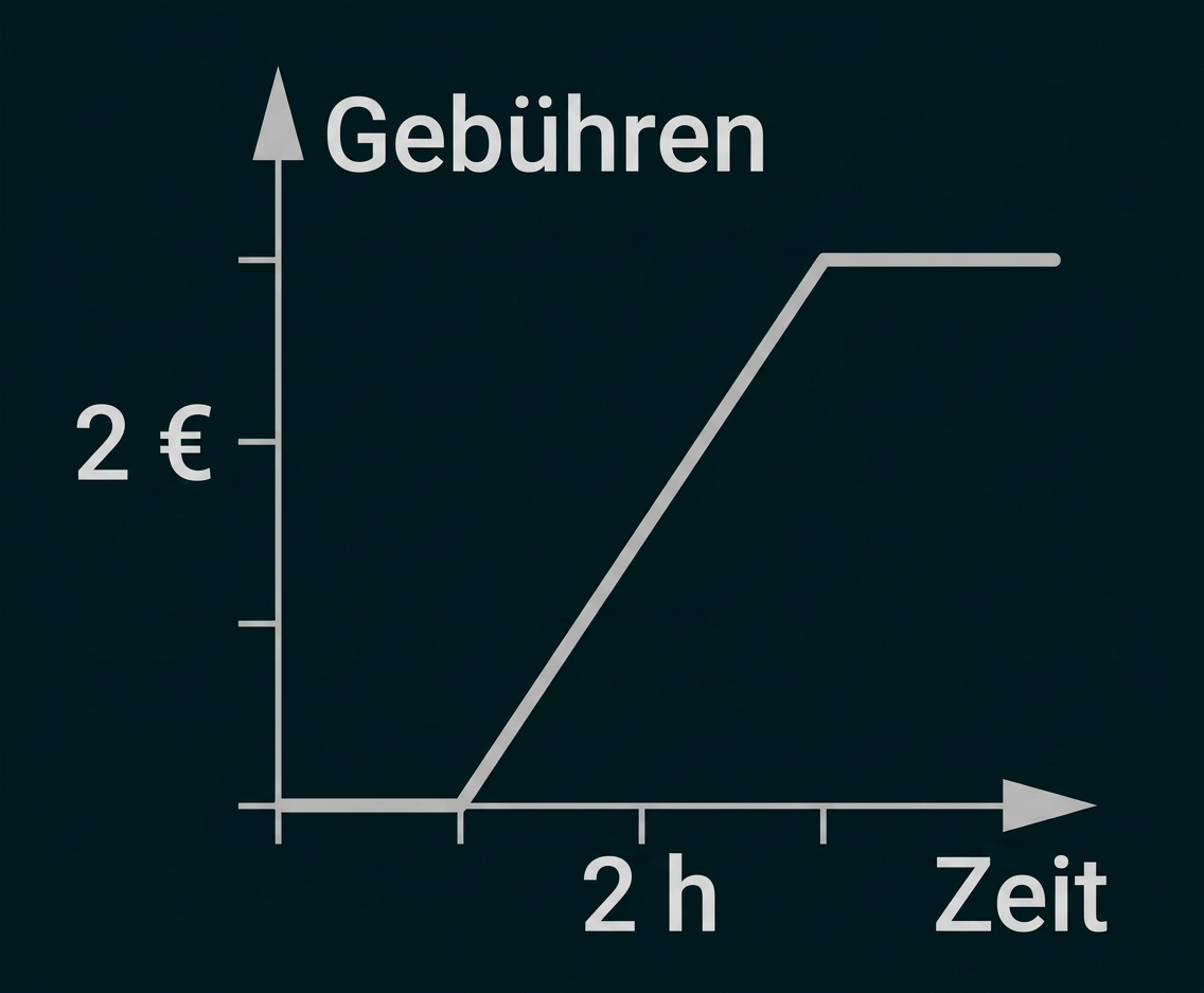 Diagramm der Gebühren über die Zeit: Anstieg ab 1 Stunde, danach konstante Gebühr.